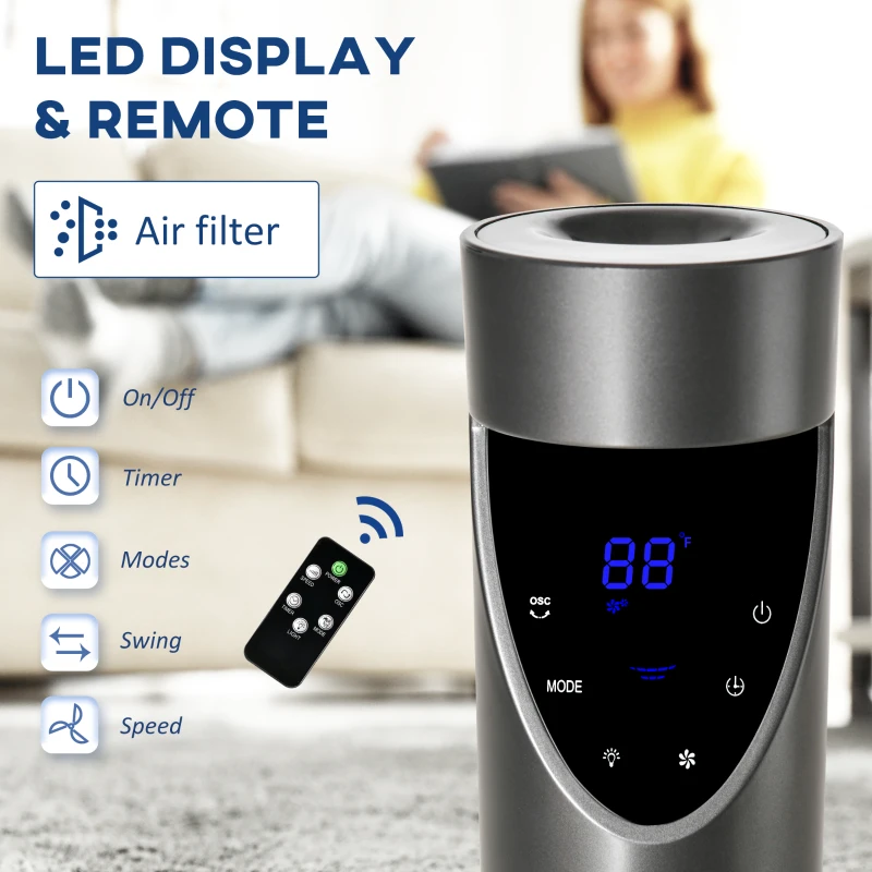 HOMCOM 46 Inch Tower Fan for Bedroom Cooling, 70°Oscillating Fan with 3 Speeds, 12H Timer, and Remote Control, Standing Floor Fan for Home Office, Grey