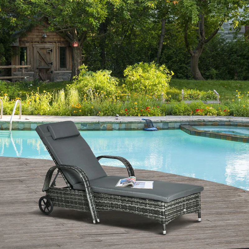 Outsunny Wicker Outdoor Chaise Lounge, 5-Level Adjustable Backrest PE Rattan Pool Lounge Chair with Wheels, Cushion & Headrest, Mixed Gray and Charcoal Gray