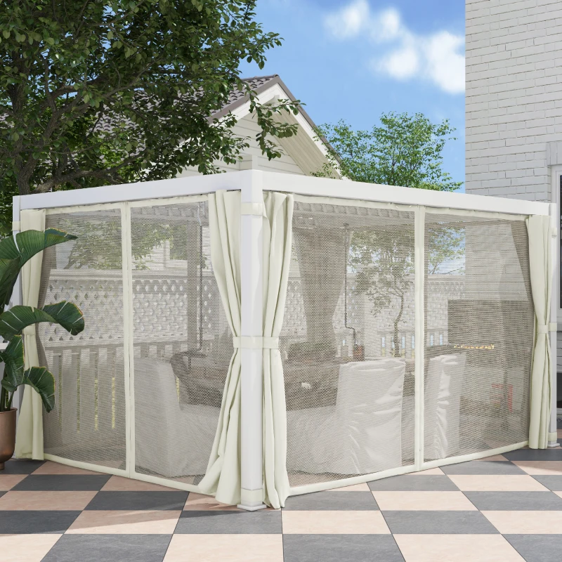 Outsunny 10' x 13' Outdoor Retractable Pergola w/ Sun Shade Aluminum Louvered Top, Pergola w/ Canopy, Curtains, Netting, Cream