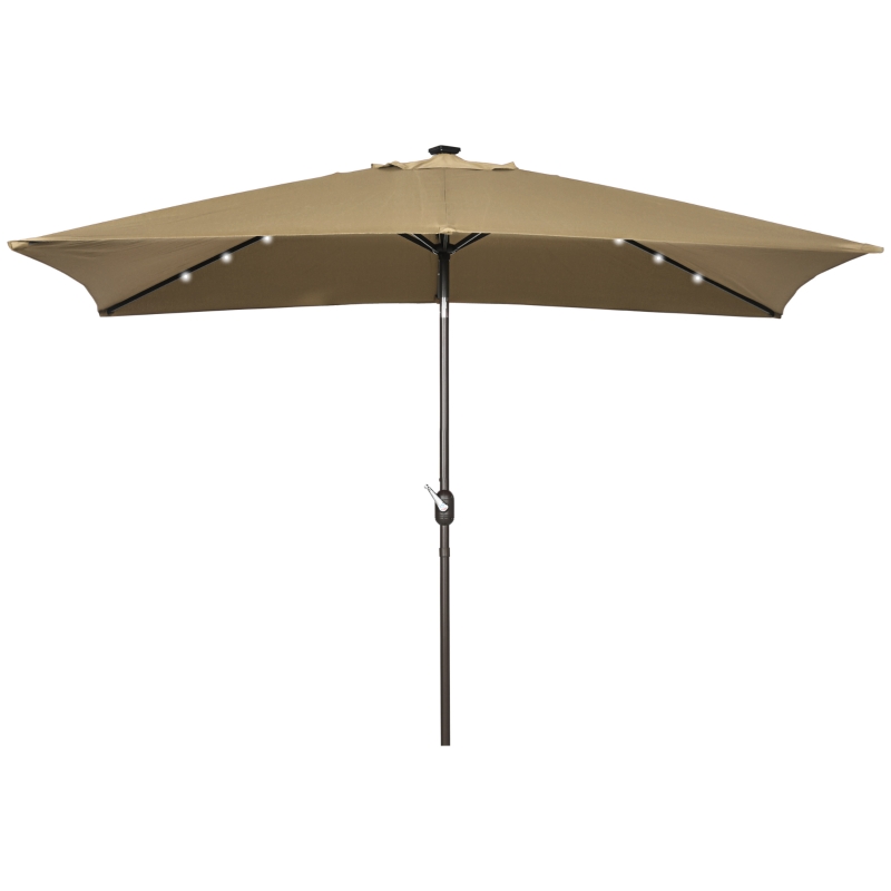 Outsunny 6.5x10ft Patio Umbrella Rectangle Solar Powered Tilt Aluminum Outdoor Market Parasol with LEDs Crank (Light Coffee)