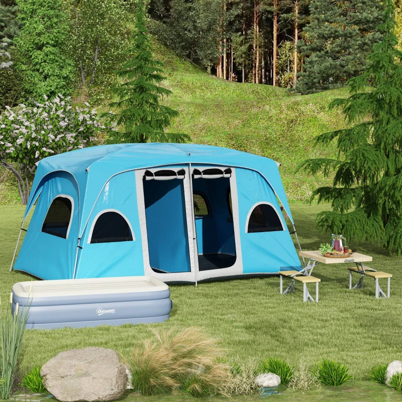 Outsunny Aluminum Frame Folding Picnic Table, Portable Camping Table and Chairs Set with Umbrella Hole