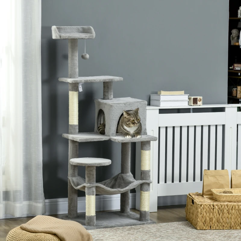 PawHut Tall Cat Tree for Indoor Cats, 56" Multi-Level Cat Tower with Hammock, Cat Bed, Cat Condo with Sisal Scratching Posts, Grey