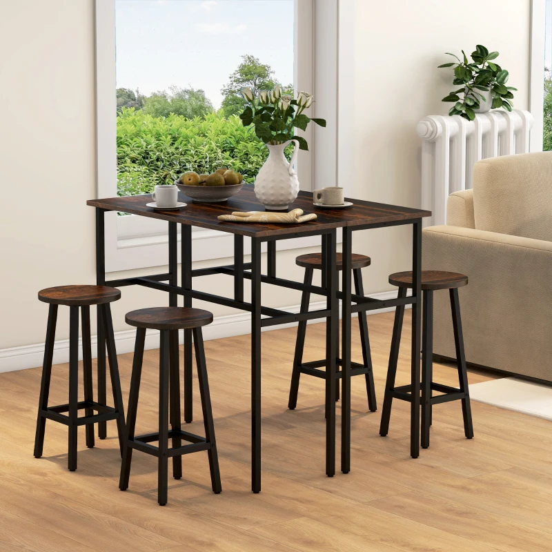 HOMCOM Bar Table Set of 6 Bar Table and Stools for 4 2 Breakfast Tables and 4 Stools for Living Room Dining Room Rustic Brown