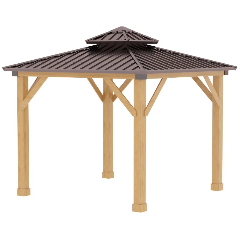 Outsunny 10' x 10' Hardtop Gazebo with Galvanized Steel Double Roof, Wooden Frame, Permanent Pavilion with Ceiling Light Hook, for Garden, Patio, Backyard