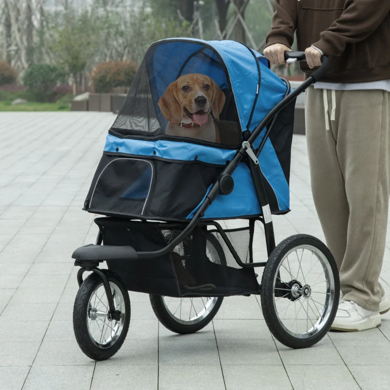 PawHut 3 Big Wheels Pet Stroller for Small, Medium Dogs, Cat Stroller Travel Folding Carrier with Adjustable Canopy, Blue