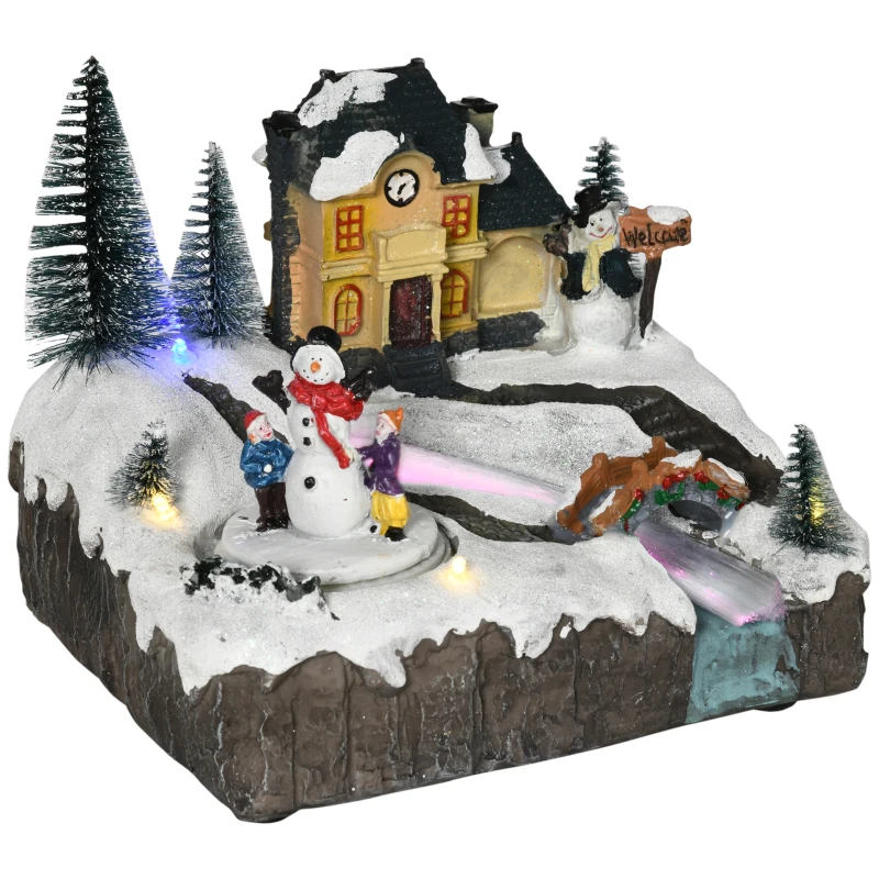 HOMCOM Christmas Village Rotating Skating Pond Animated Winter Wonderland Set with LED Light, Music, Fiber Optic, Battery-Operated Christmas Decoration
