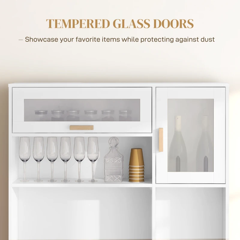 HOMCOM Coffee Bar Cabinet, Kitchen Hutch with Wine Storage, Microwave Countertop, Drawer and Tempered Glass Doors, White