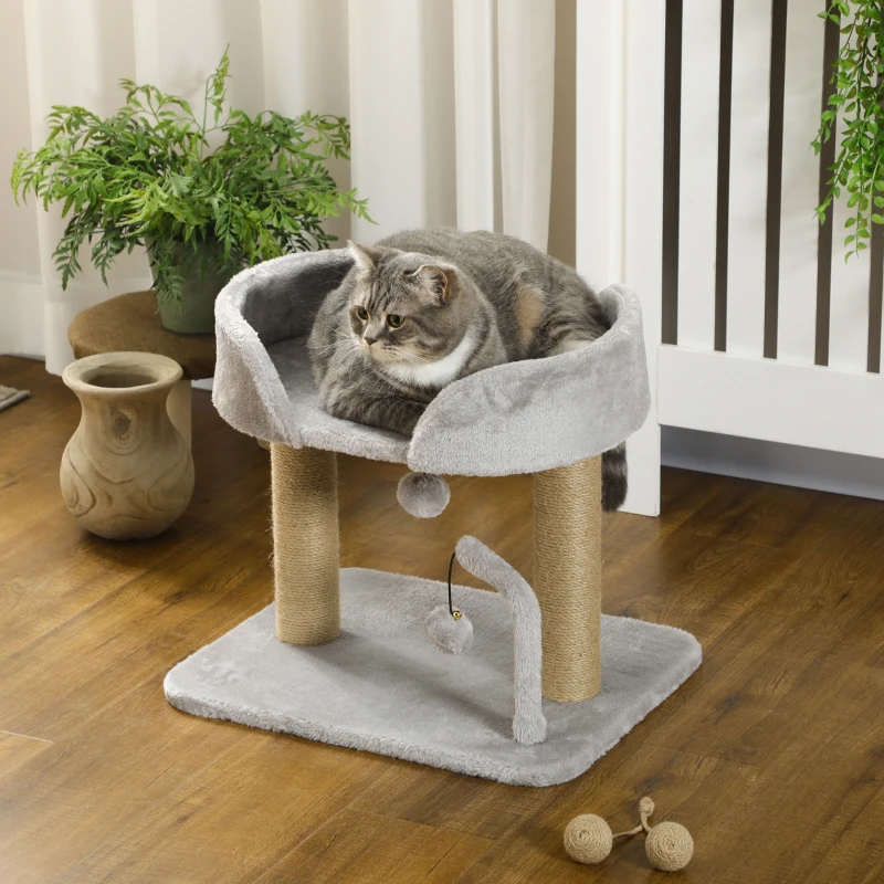 PawHut Cat Tower Condo for Indoor Cats, Small Cat Tree with Jute Scratching Posts, Top Perch, Dangling Balls, Light Grey