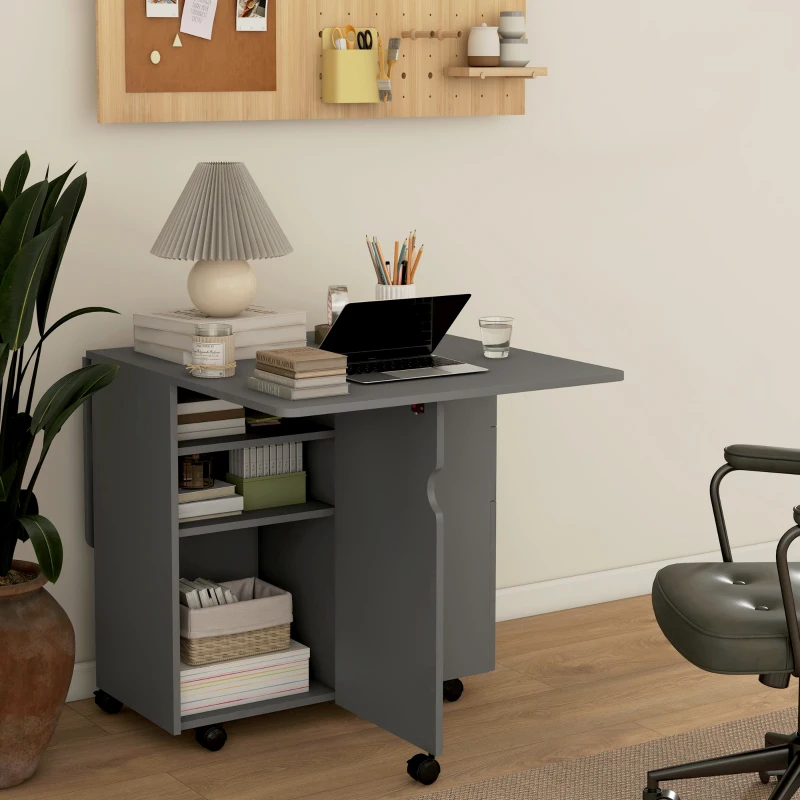 HOMCOM Extendable Dining Table, Drop Leaf Table with 2 Drawers, Cabinet and 6 Wheels for Small Spaces, Kitchen, Grey