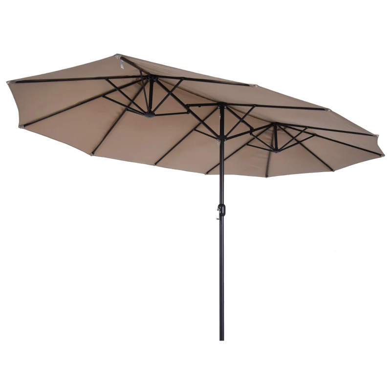 Outsunny 15'x 8.7' Outdoor Patio Umbrella with Twin Canopy Backyard Umbrella with Lift Crank Tan