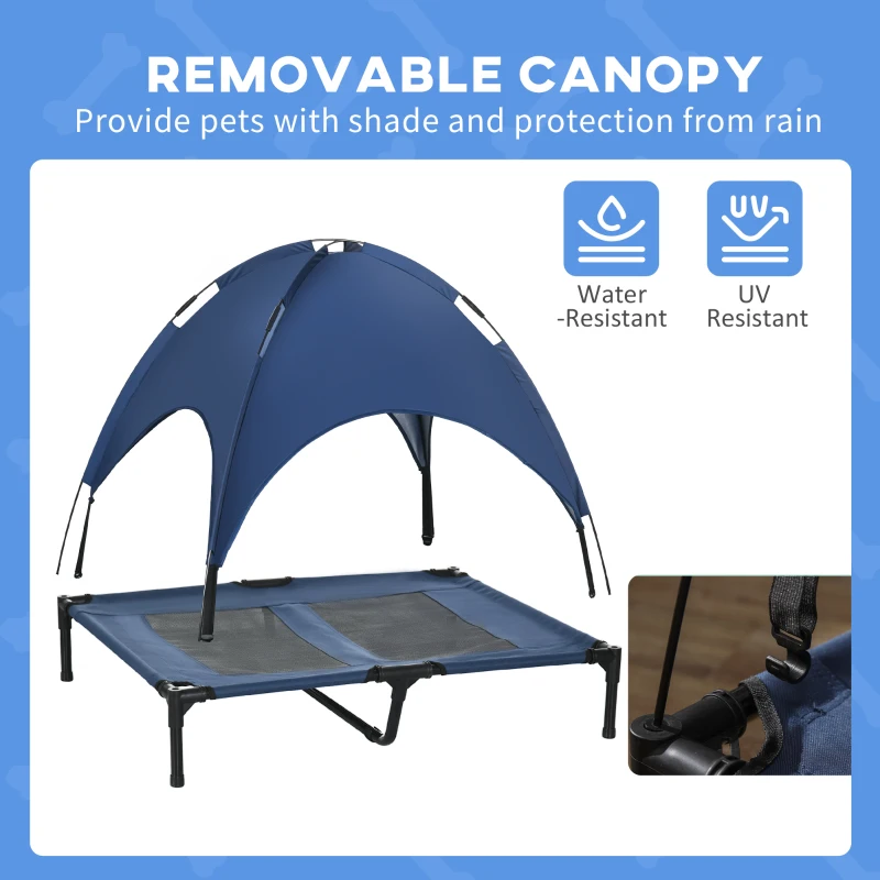 PawHut Elevated Portable Dog Cot Pet Bed with UV Protection Canopy Shade, 36 inch, Dark Blue