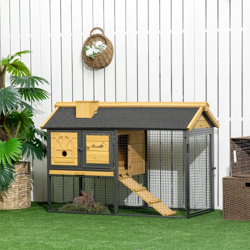 PawHut 47" Wooden Rabbit Hutch Outdoor with Run, Metal Frame, 2-Story Bunny Rabbit Cage with Removable Tray, Ramp, Bunny Hutch with Space-Saving Design for Rabbits, Chickens, Ducks