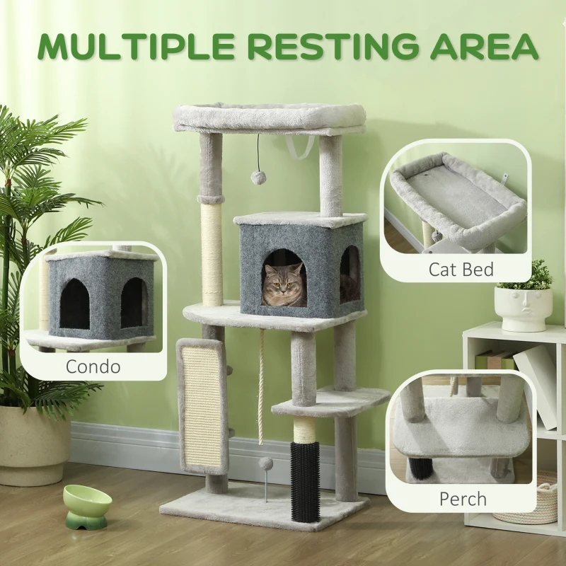 PawHut 52 Inch Cat Tree with Scratching Posts, Cat Bed, Condo, Grooming Brush, Jumping Platforms, Toy Balls, Anti-tip Kit
