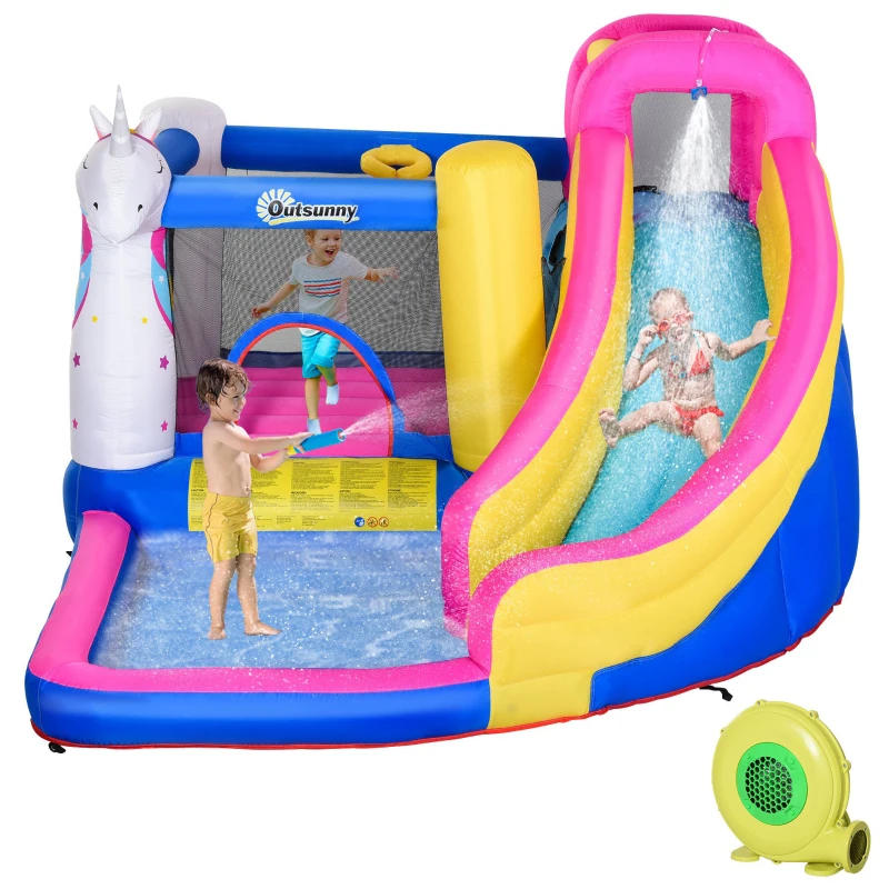 Outsunny Kids 5 in 1 Inflatable Bounce Castle House, Trampoline Water Slide Pool Climbing Wall with Inflator for Kids Age 3-12 Summer 12.4' x 10.5' x 6.9' - Multi-color