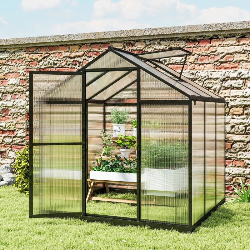 Outsunny 6' x 8' x 6.4' Polycarbonate Greenhouse, Aluminum Walk-In Green House Kit Garden, Plants Grow with Rain Gutter and Roof Vent, Charcoal Grey