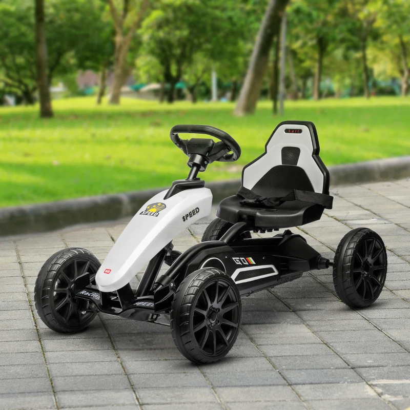 Aosom Pedal Go Kart for Kids, Pedal Car with Swing Axle, Adjustable Bucket, Handbrake, 4 EVA Wheels Powered Ride, Indoor Foot Racer, for 3-8 Years Old, White