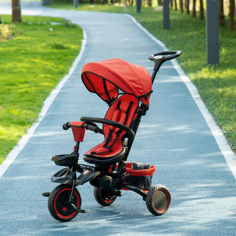 Aosom 6-in-1 Toddler Tricycle for 12-50 Months, Foldable Kids Trike with Adjustable Seat and Push Handle, Safety Harness, Removable Canopy, Footrest, Red