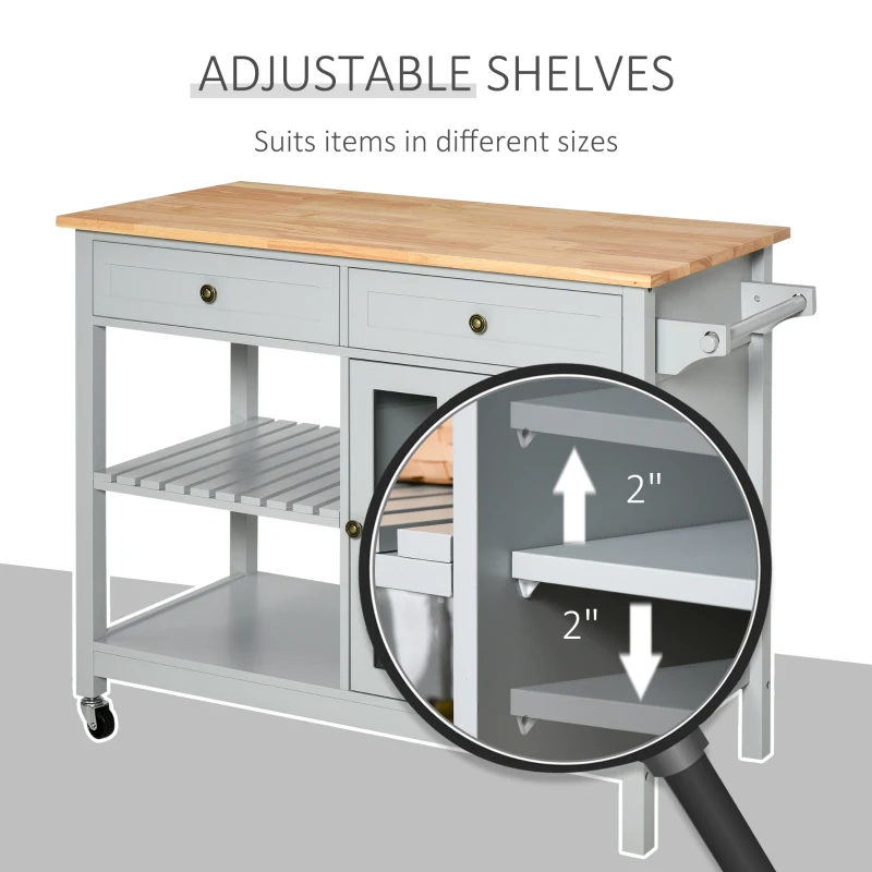 HOMCOM Rolling Kitchen Island with Storage, Kitchen Cart with Solid Wood Top, Glass Door Cabinet, Adjustable Shelf, Towel Rack, 2 Drawers for Dining Room, Gray