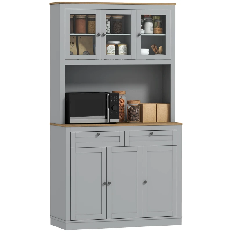 HOMCOM 71" Pantry Cabinet with Microwave Space, Buffet with Hutch, 2 Drawers, Adjustable Shelves and Glass Doors, Grey
