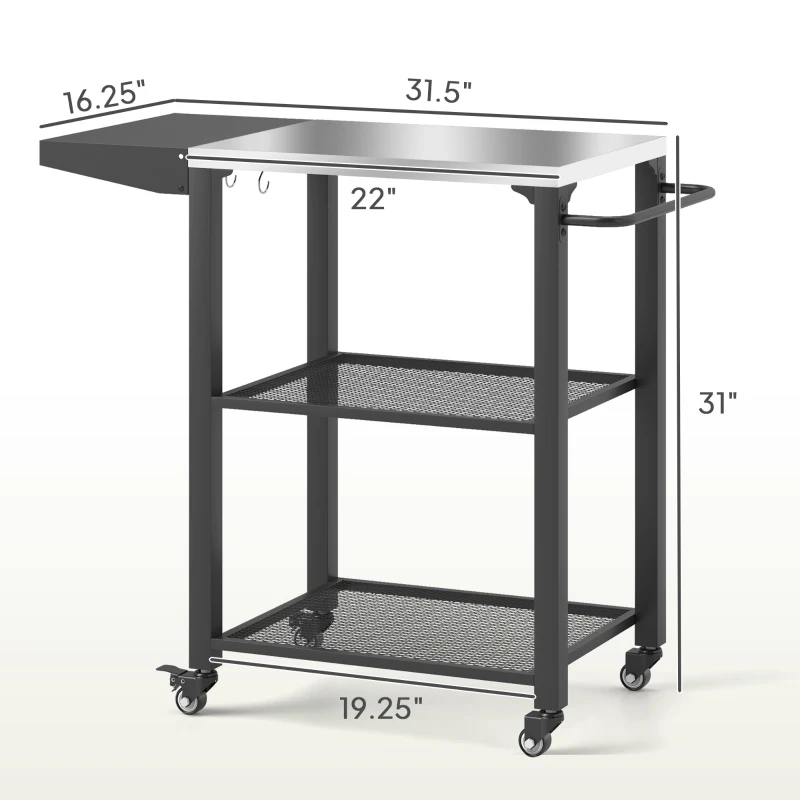 Outsunny Three-Shelf Outdoor Grill Cart Table with Foldable Side Table, Stainless Steel Top Pizza Oven Stand with Hooks, Silver