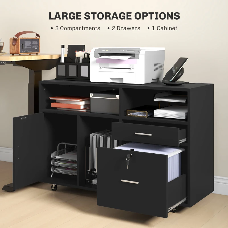 HOMCOM Mobile Printer Stand with Charging Station and USB Ports, Locking Filing Cabinet for A4 and Letter Size, Black
