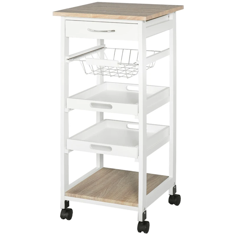 HOMCOM Mobile Kitchen Cart, Rolling Kitchen Island with Storage, Solid Wood Frame Utility Cart with Wire Fruit Baskets, Trays and Drawer, White
