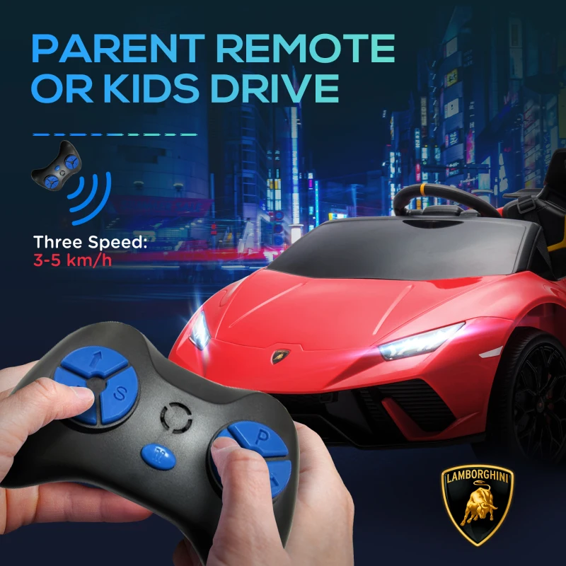 Qaba 12V Lamborghini Huracan Licensed Kids Electric Car with Remote Control, Spring Suspension, Transport Wheels, Red