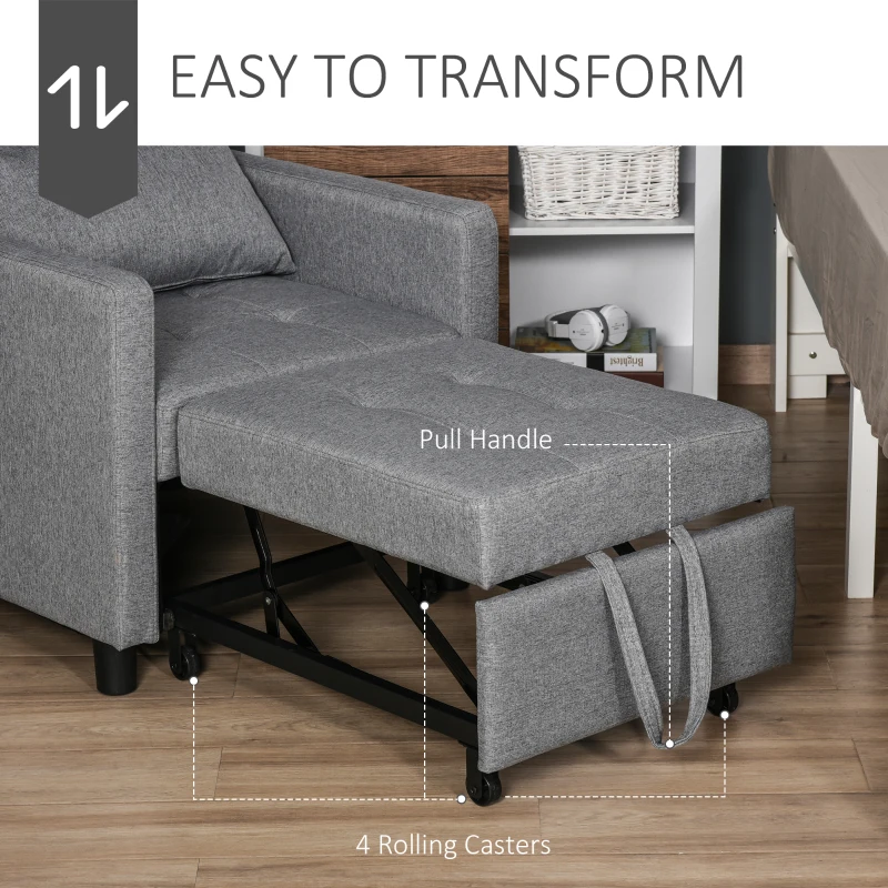 HOMCOM Convertible Sofa Lounger Chair Bed Multi-Functional Sleeper Recliner with Tufted Upholstered Fabric, Adjustable Angle Backrest, and Pillow, Grey