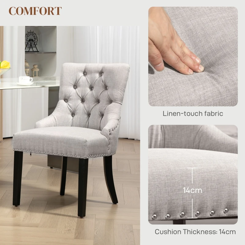 HOMCOM Swoop Air Linen Fabric Dining Chair Set of 2 with Nailhead Trim and Wood Legs,  Light Grey