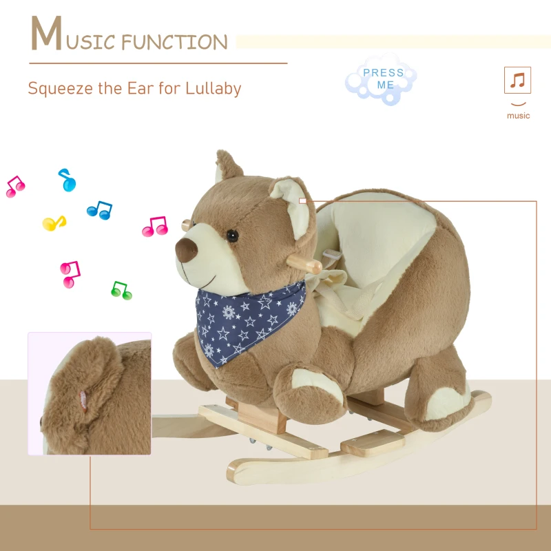 Qaba Baby Rocking Horse with Lullaby, Ride On Horse, Bear Themed Plush Animal Rocker with Pedals for Ages 18-36 Months, Easy to Assemble