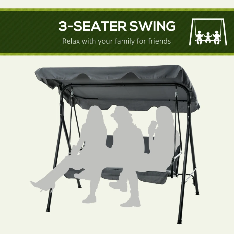 Outsunny 3-Seat Outdoor Patio Swing Chair w/ Cushion, Steel Frame Stand, Adjustable Tilt Canopy for Patio, Garden, Gray
