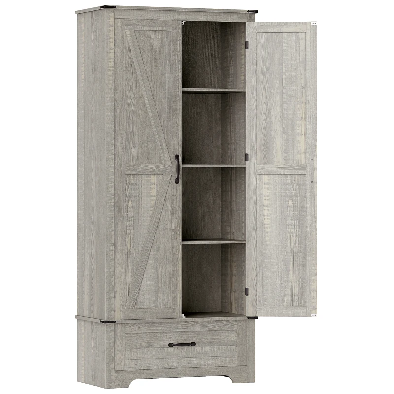 HOMCOM 72" Farmhouse Pantry Cabinet with Adjustable Shelves, Kitchen Pantry Cabinet with 2 Doors, Distressed Light Grey