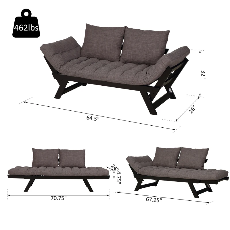 HOMCOM Convertible Sofa Bed Futon Loveseat Living Room with Pillow, Adjustable 3-Position Sofa Bed Soild Wood Frame, Dark Grey
