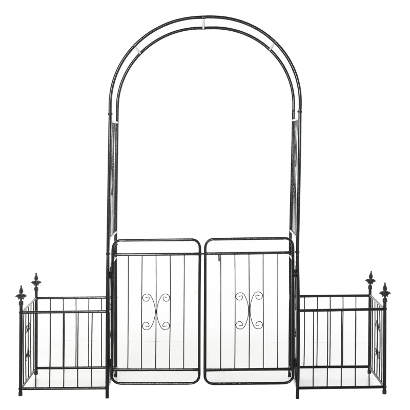 Outsunny 7.2FT Metal Garden Arch with Gate, 2 Side Planter Baskets, Garden Arbor Archway Trellis for Roses and Climbing Plants, Black