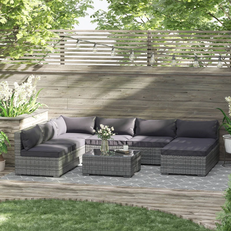 Outsunny Patio Furniture Set, 8 Pieces, Sectional Sofa, All Weather PE Rattan Conversation Set, Tempered Glass Table, 6 Seats, Ottoman Footstool, Cushions for Lawn, Backyard, Gray