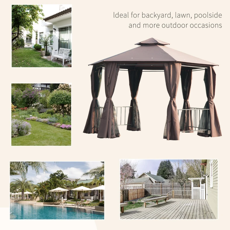 Outsunny 13' x 13' Patio Gazebo, Double Roof Hexagon Outdoor Gazebo Canopy Shelter with Netting & Curtains, Solid Steel Frame for Garden, Lawn, Backyard and Deck, Coffee