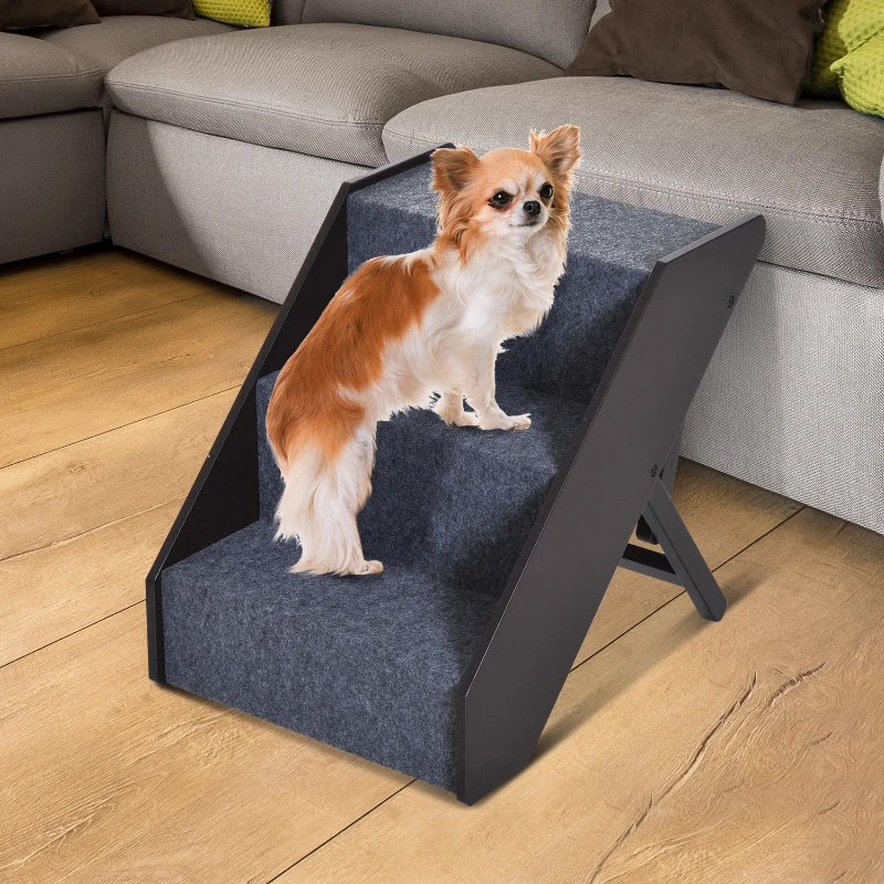 PawHut 3 Step Height Adjustable Portable Wooden Easy Climb Pet Stairs - Dark Brown