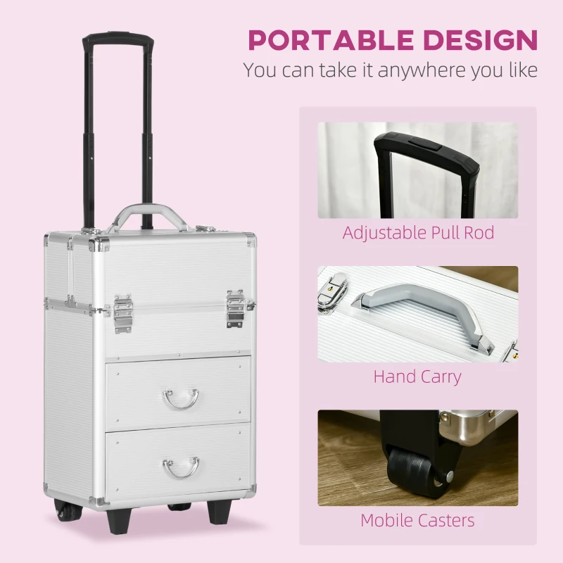 HOMCOM Rolling Makeup Train Case, Large Storage Cosmetic Trolley, Lockable Traveling Cart Trunk with Folding Trays, Swivel Wheels and Keys, Silver