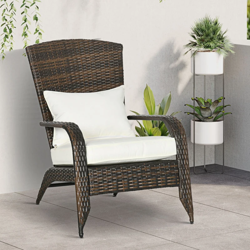 Outsunny Patio Wicker Adirondack Chair, Outdoor All-Weather Rattan Fire Pit Chair w/ Soft Cushions, Tall Curved Backrest and Comfortable Armrests for Deck or Garden, Cream White