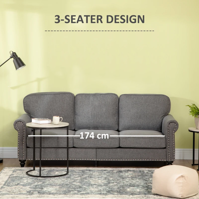 HOMCOM 3-Seater Sofa Couch, 81" Modern Upholstered Linen Fabric Sofa with Rubberwood Legs, Nailhead Trim and Rolled Arms for Living Room, Bedroom and Apartment, Grey