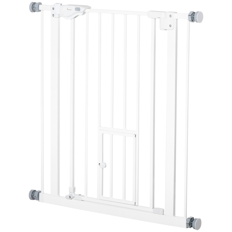 PawHut Pet Gate Extra Wide Press-Mounted with Cat Door, Auto Closing Pet Gate for Stair, Hallway, 29-32 Inch, White