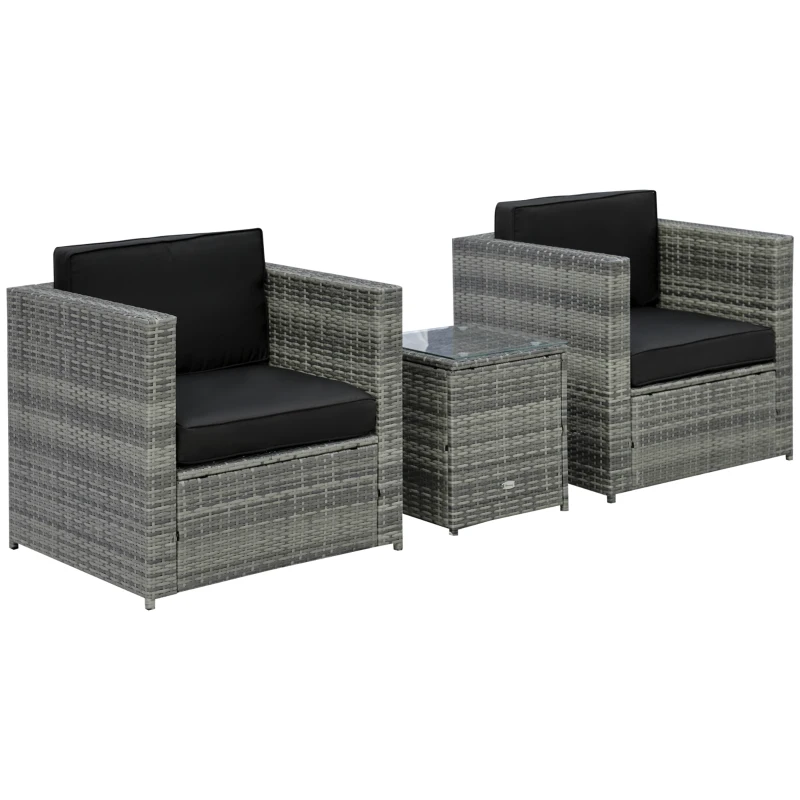 Outsunny Wicker Bistro Patio Set, 2 Porch Chairs & Glass Table, Black
