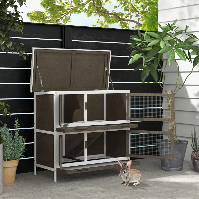 PawHut Wooden Bunny Hutch with Ramp, Indoor/Outdoor, Brown