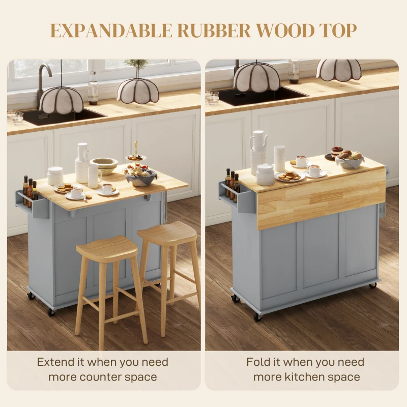 HOMCOM Kitchen Island on Wheels, Kitchen Cart with Drop Leaf, Drawers, Grey