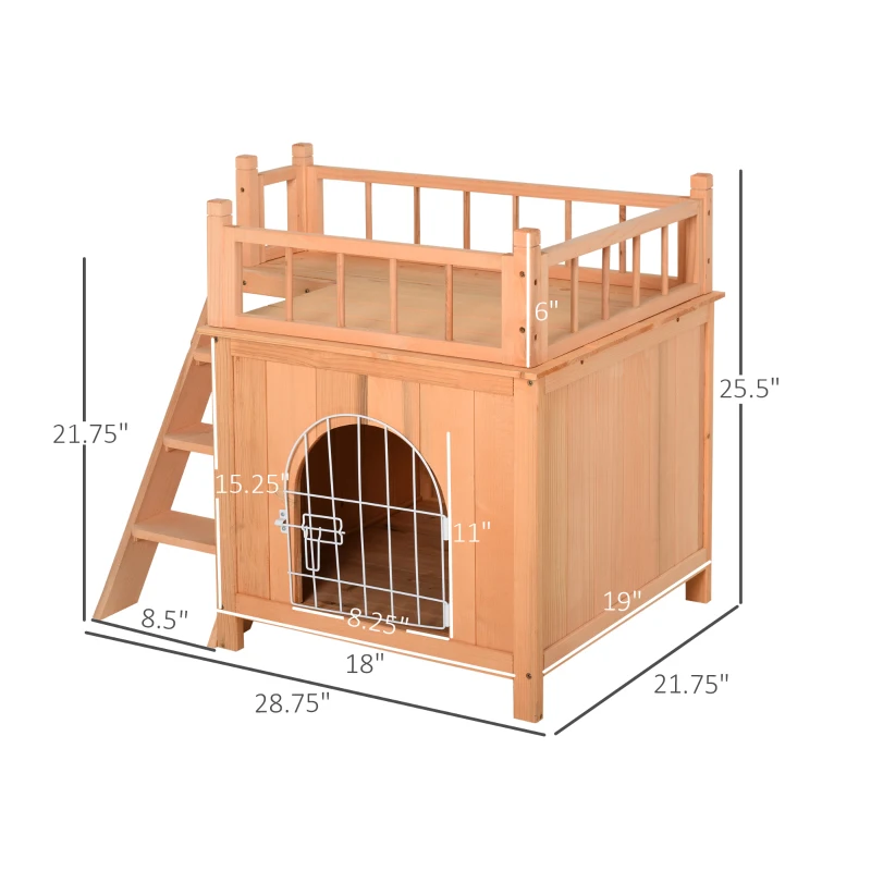 PawHut 2-Story Pet House for Cats Miniature Sized Dogs, Wooden Kitten Shelter with Enclosure, Balcony, Lockable Gate, Stairs, Natural