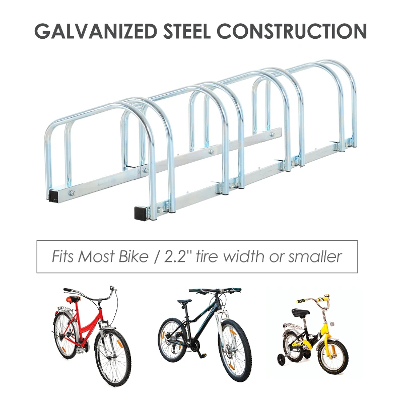 HOMCOM 4-Bike Bicycle Floor Parking Rack Cycling Storage Stand Ground Mount Garage Organizer for Indoor and Outdoor Use Silver