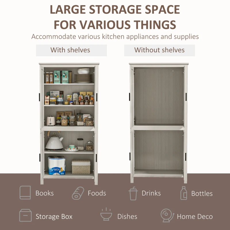 HOMCOM 64" 4-Door Kitchen Pantry, Freestanding Storage Cabinet with 3 Adjustable Shelves for Kitchen, Antique White