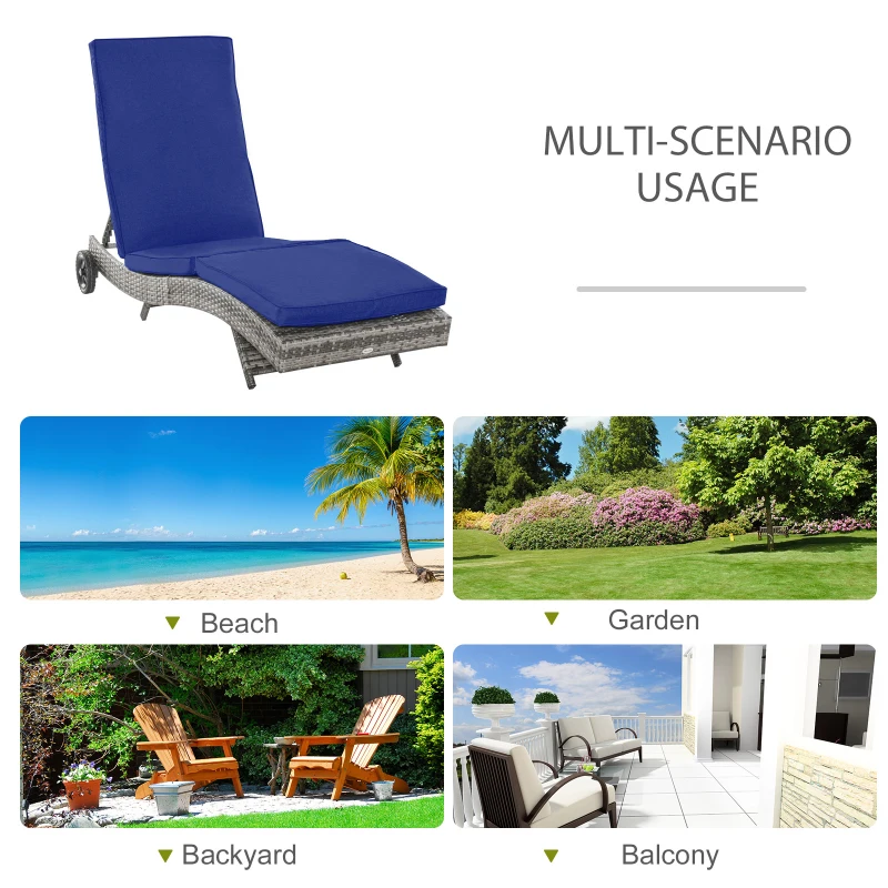 Outsunny Outdoor Adjustable Wicker Chaise Lounge Chair with Cushion & Wheels for Patio, Deck, Poolside, Dark Blue