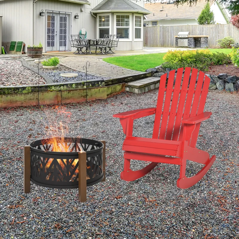 Outsunny Wooden Adirondack Rocking Chair Outdoor Lounge Chair Fire Pit Seating with Slatted Wooden Design, Fanned Back, Red