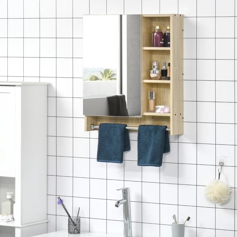 kleankin Bathroom Medicine Cabinet, 23.5" x 27.5" Wall-Mounted Bathroom Mirror Cabinet with 3 Storage Shelves, Inside Adjustable Shelf, and Towel Rack, Natural